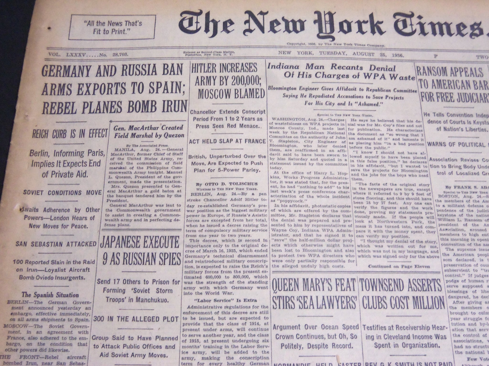 1936 AUGUST 25 NEW YORK TIMES - HITLER INCREASES ARMY BY 200,000 - NT 6876