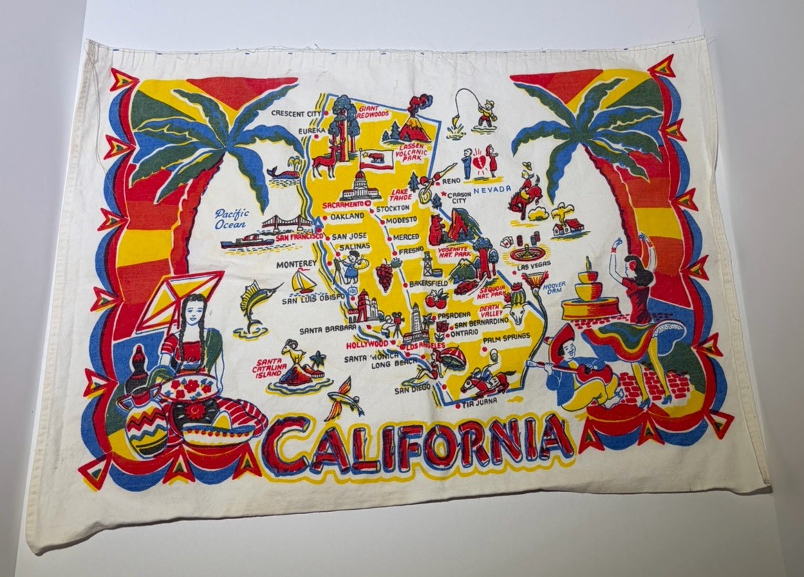 Vintage 1950s California Souvenir Map Pre Disney Cactus Cloth Half Apron READ