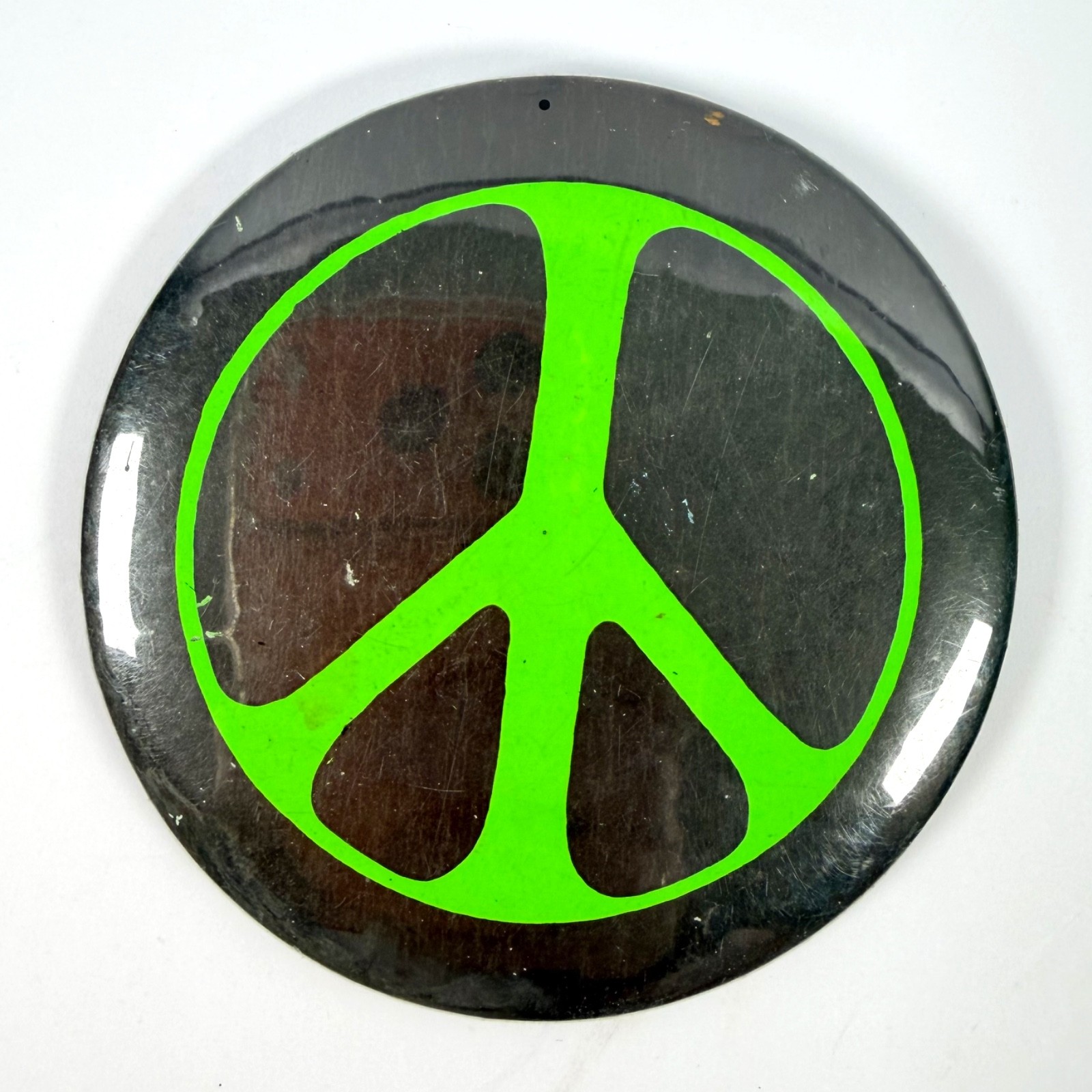 Vintage c. 1960s Green Peace Sign Pinback Button Large 3.5\