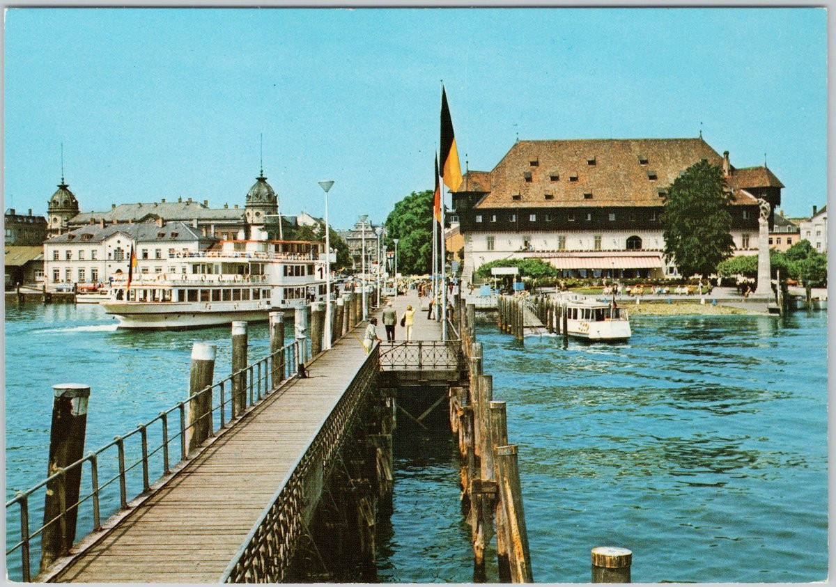 Vintage Konstanz Bodensee Postcard Pier View of Konzil Lithograph C11