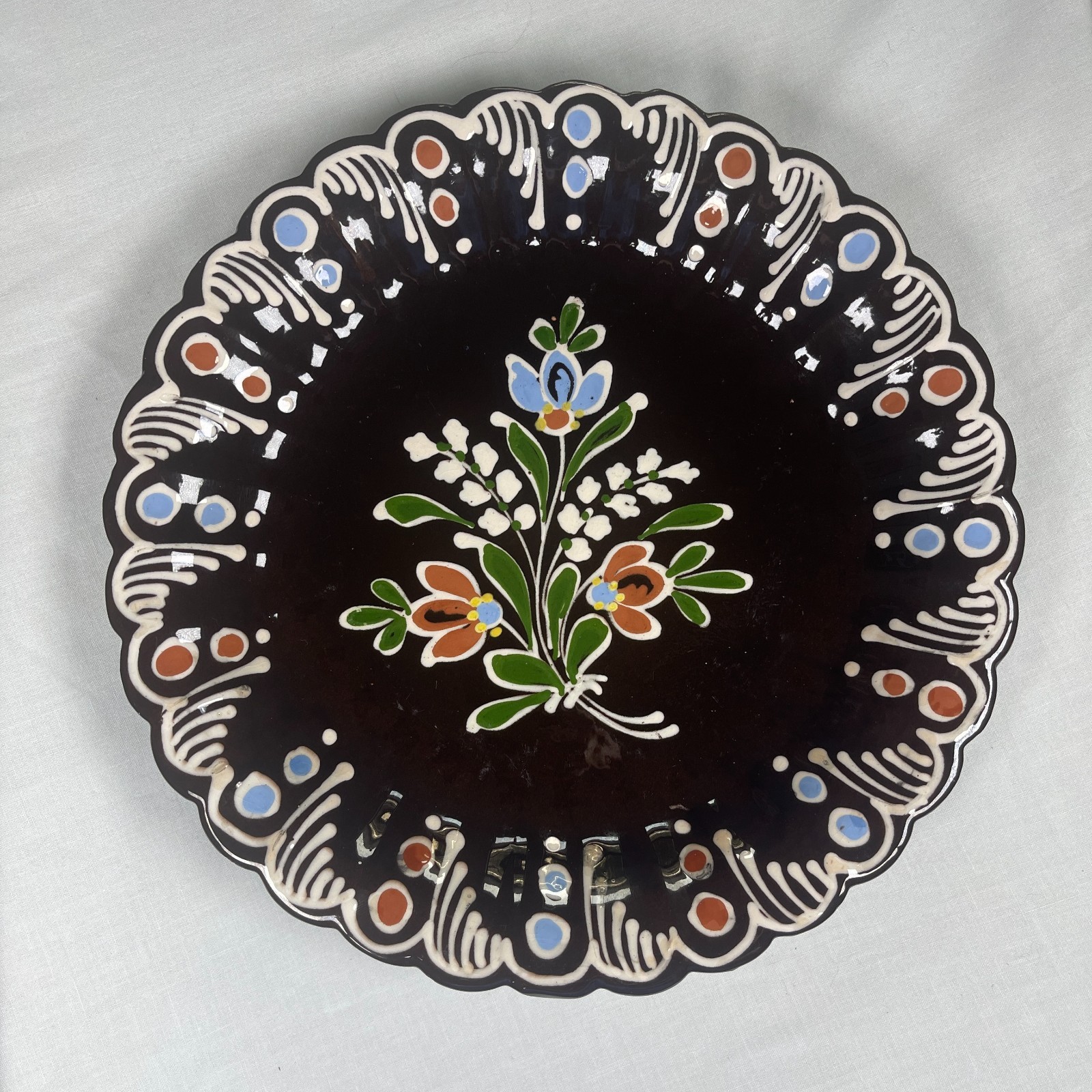 Vintage Hungarian Pottery Wall Plate 11” Brown Floral Hand Painted Hungary