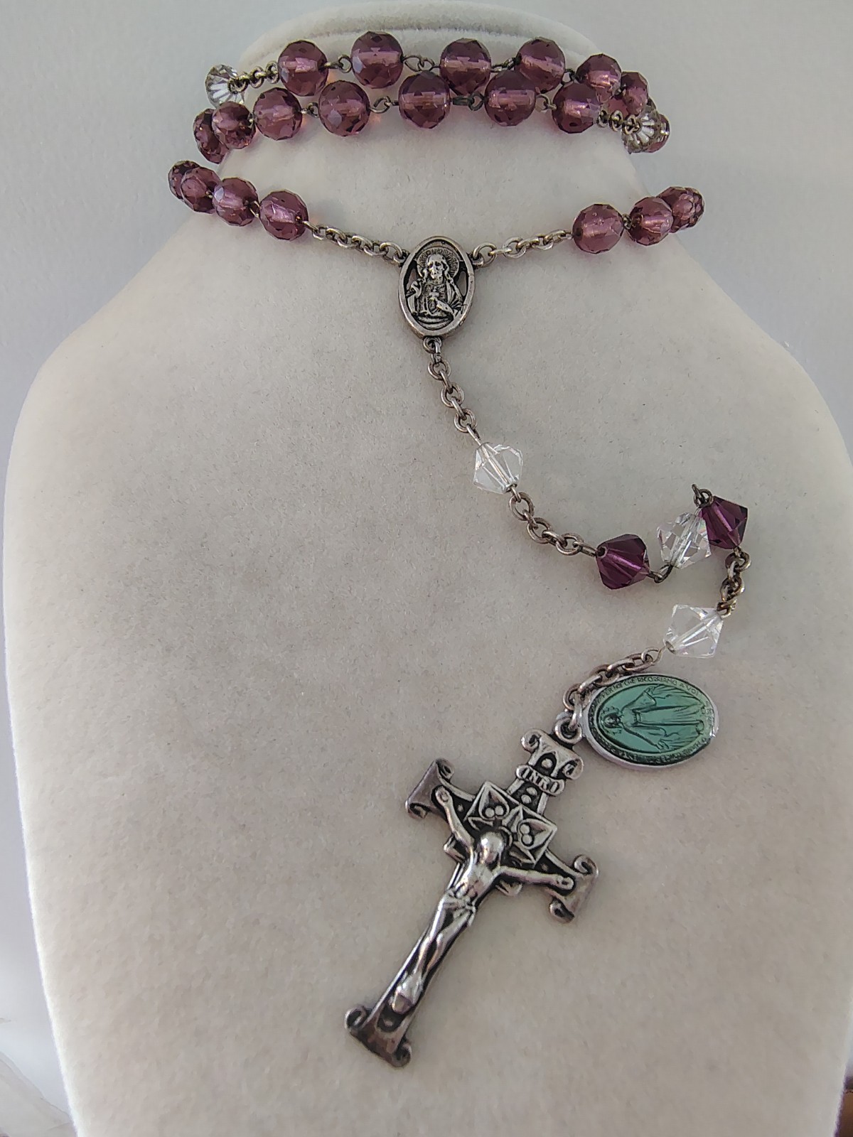Vtg Sterling Silver 925 Amethyst Purple Crystal Glass Rosary Prayer Necklace 24\