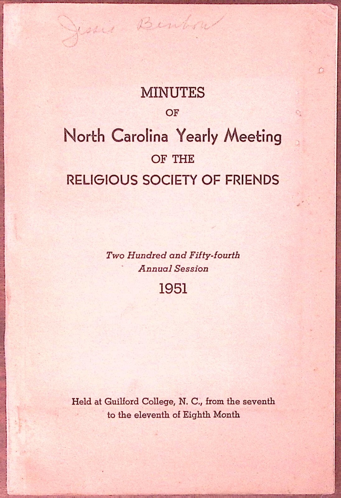 1951 NORTH CAROLINA YEARLY MEETING RELIGIOUS SOCIETY OF FRIENDS MINUTES  Z7324