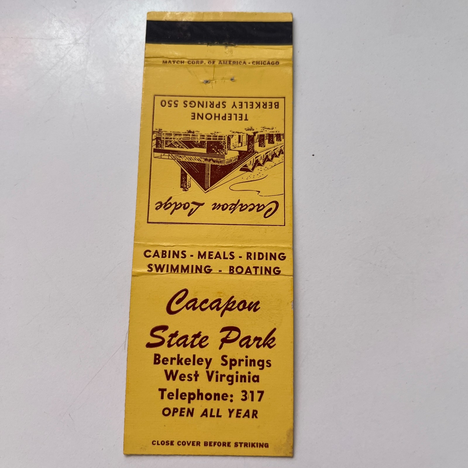 Cacapon State Park Berkeley Springs W. VA Vintage Matchbook Cover TMB64-4