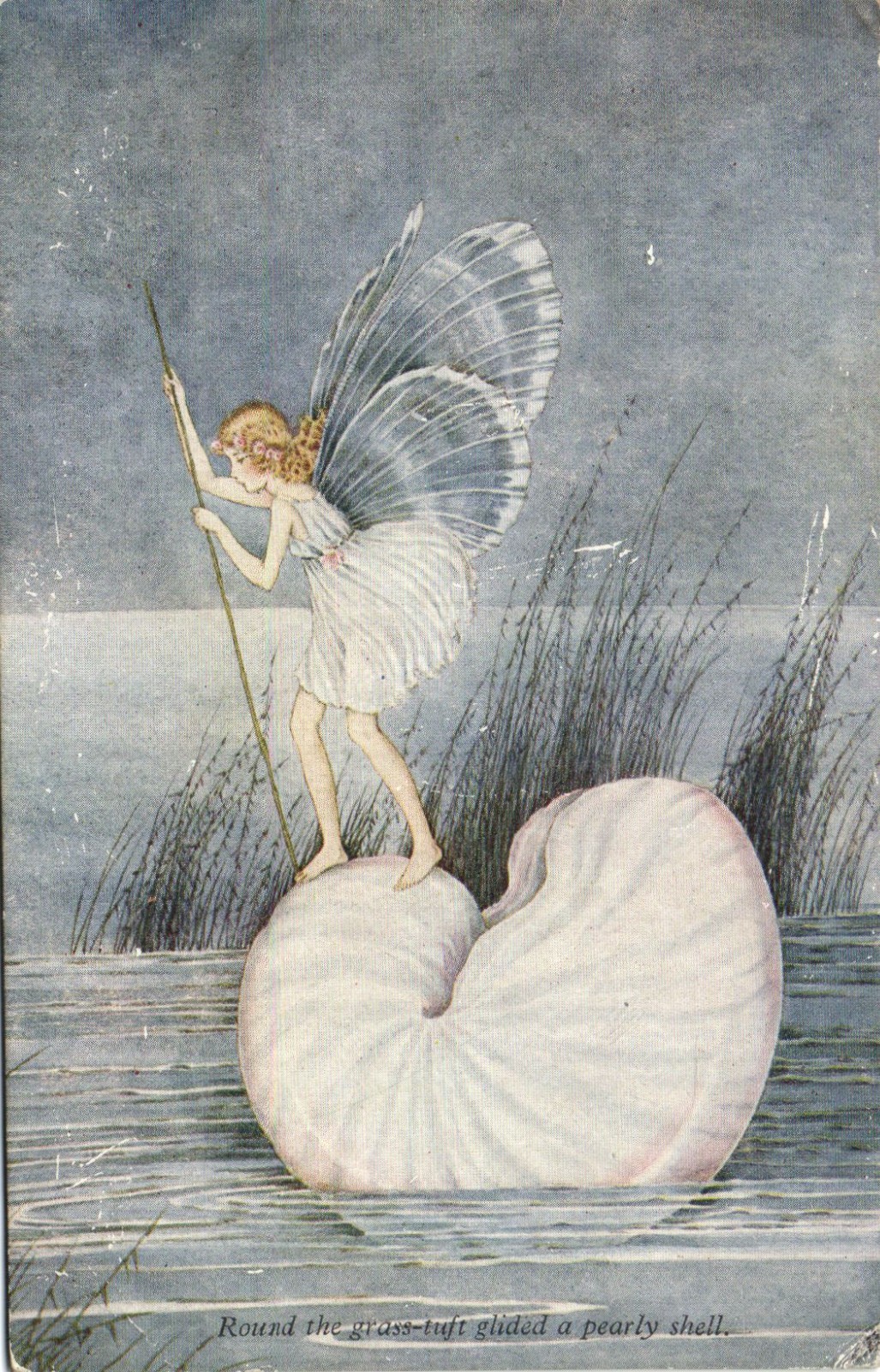 PC ARTIST SIGNED FAIRY TALES FANTASY FAIRY SHELL VINTAGE POSTCARD (b71250)
