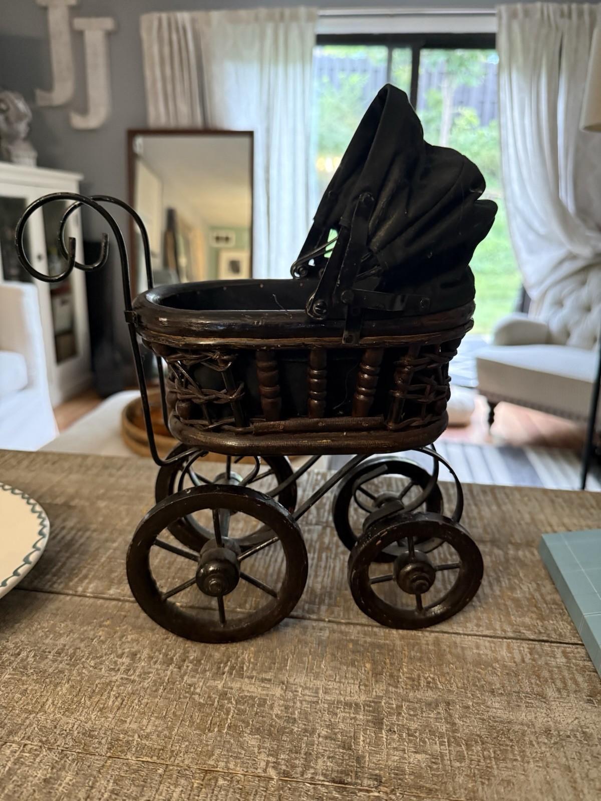 Vintage Wood And Wicker Doll Carriage W/ Folding Black Fabric Canopy Vintage Wood And Wicker Doll Carriage W/ Folding Black Fabric Canopy