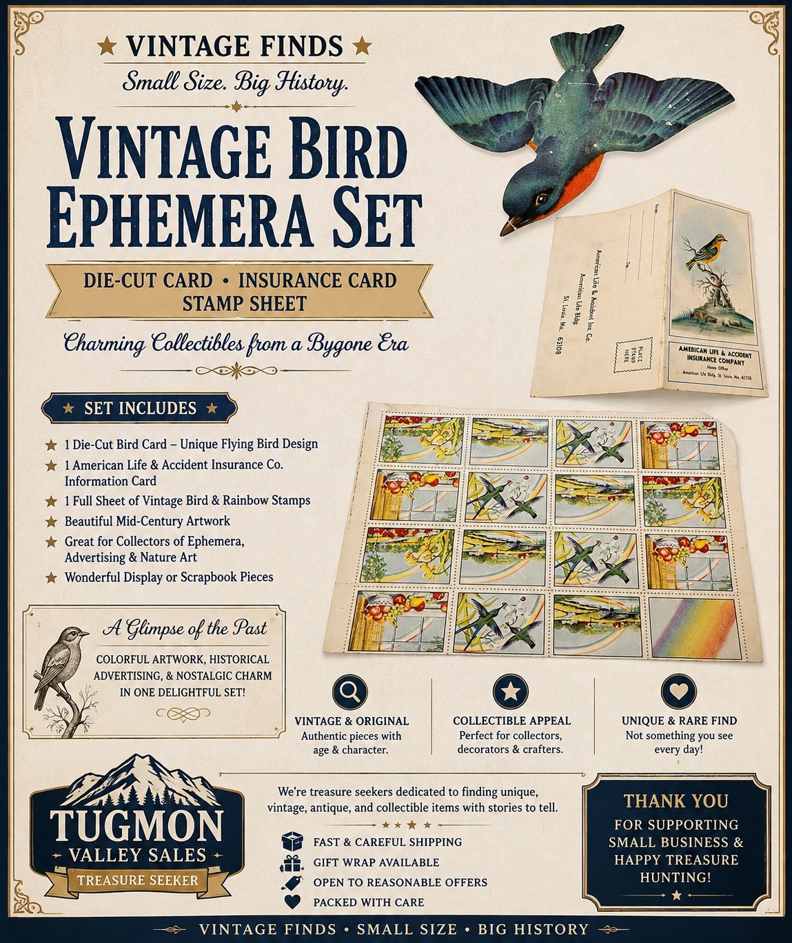 Vintage American Life & Accident Insurance Bird Ephemera Set Die Cut Bird 