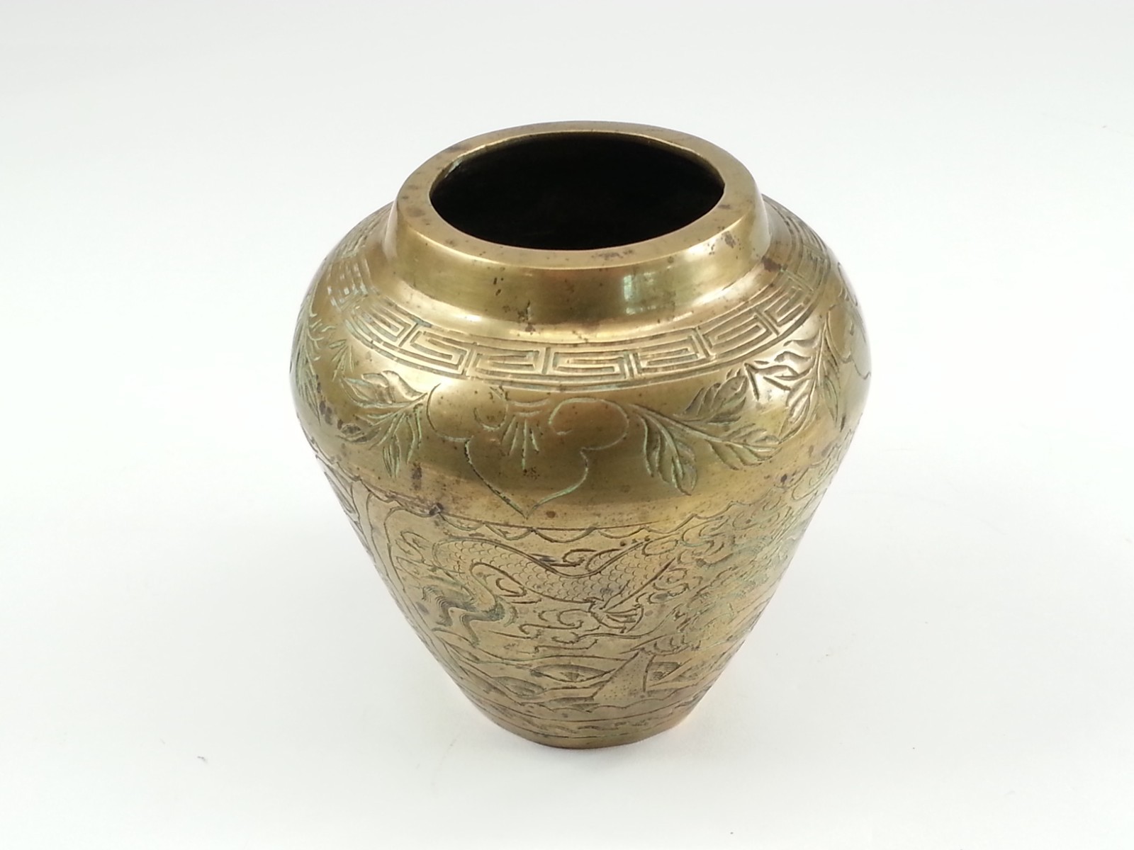 Vintage Asian Heavy Solid Brass Etched Vase