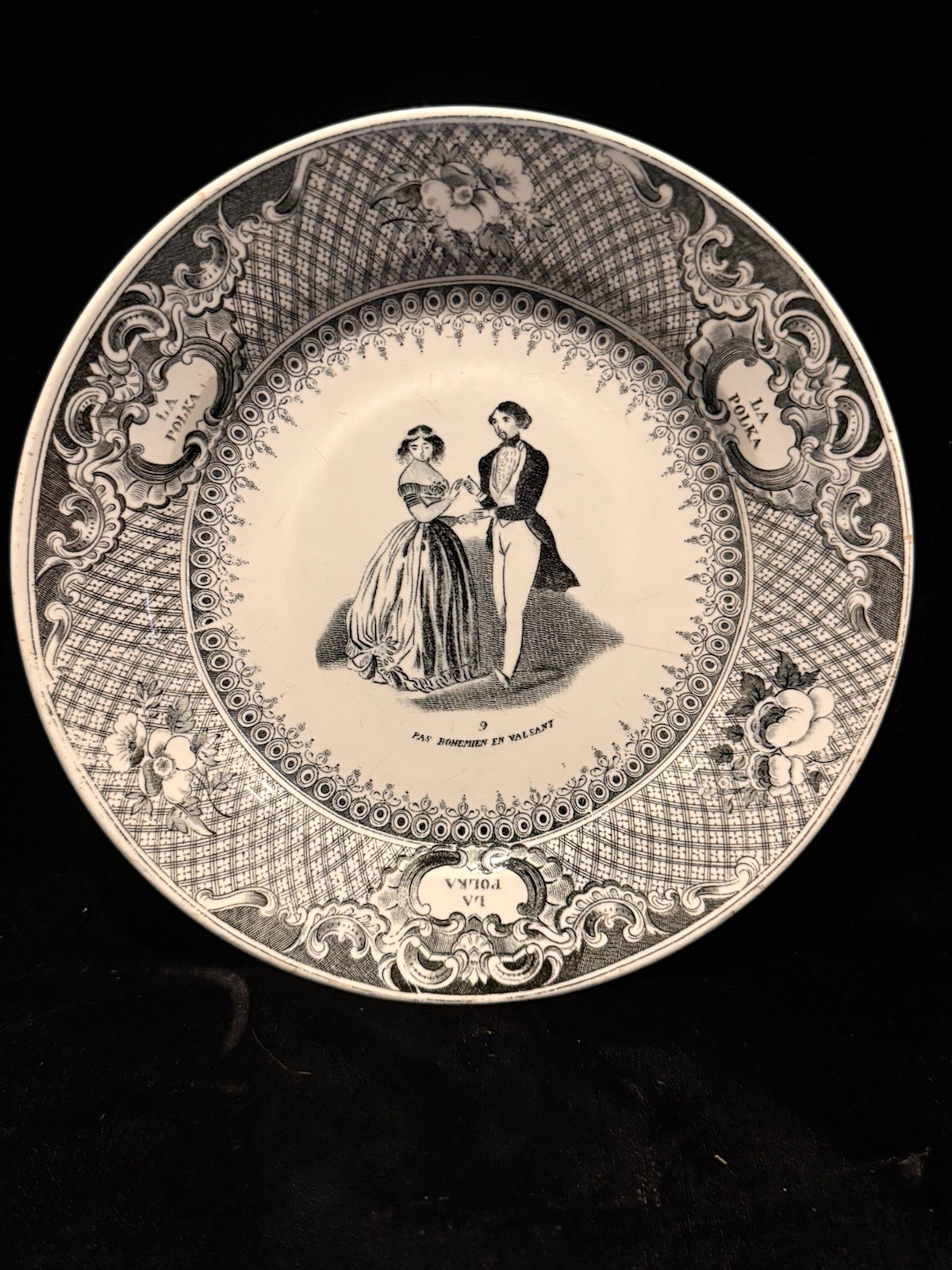 Antique French Transferware Plate “La Polka” c.1840–1860 8.5” Black Faience
