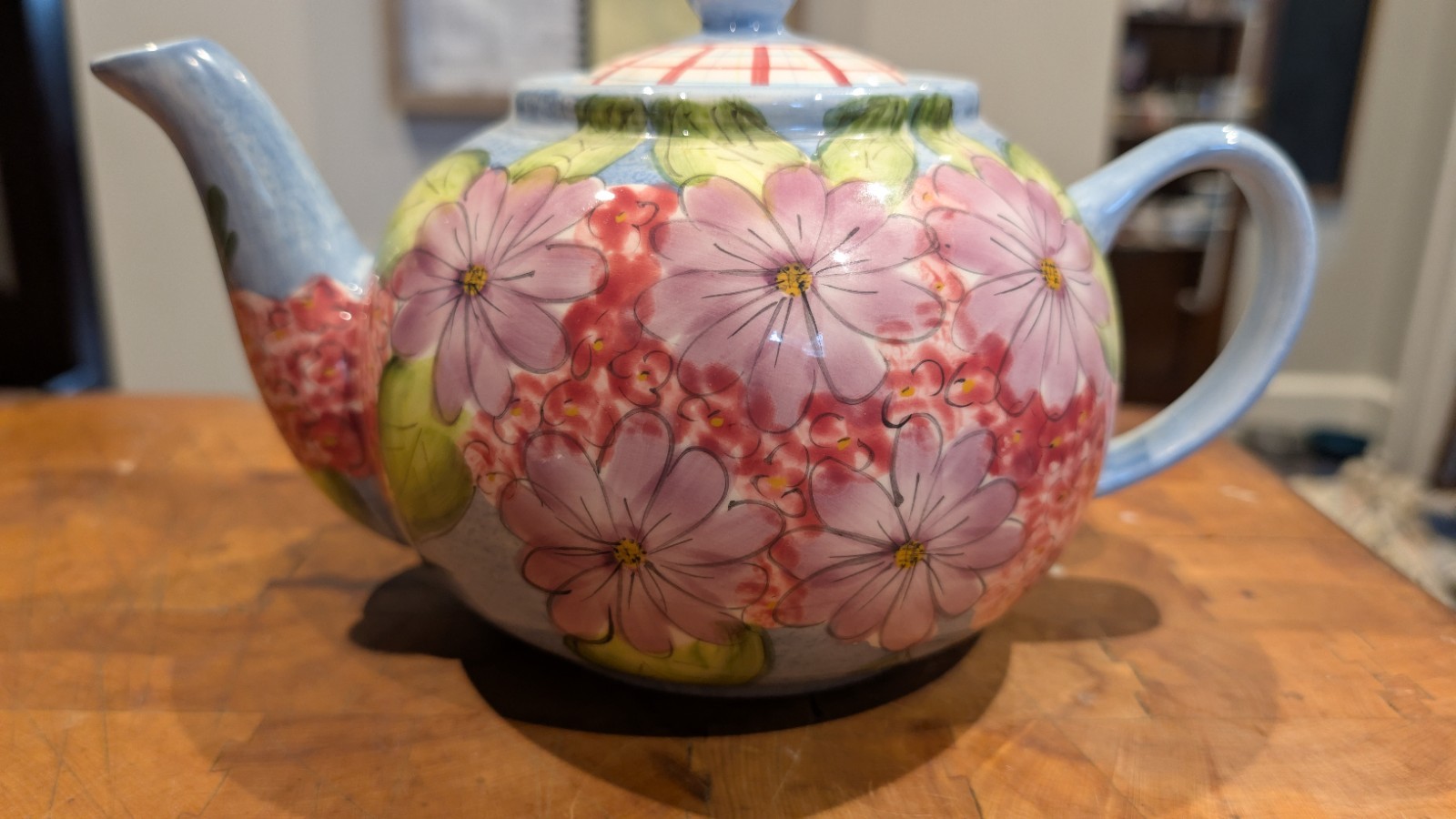 Laurie Gates Ware Hand Painted Ceramic Teapot Blue Pink Floral Plaid Lid Cottage