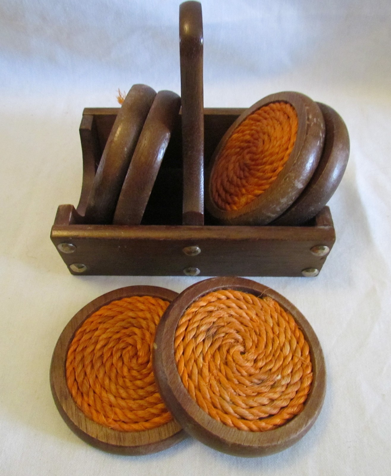 Vintage 70’s Coaster Set Wood & Rope With Caddy MCM