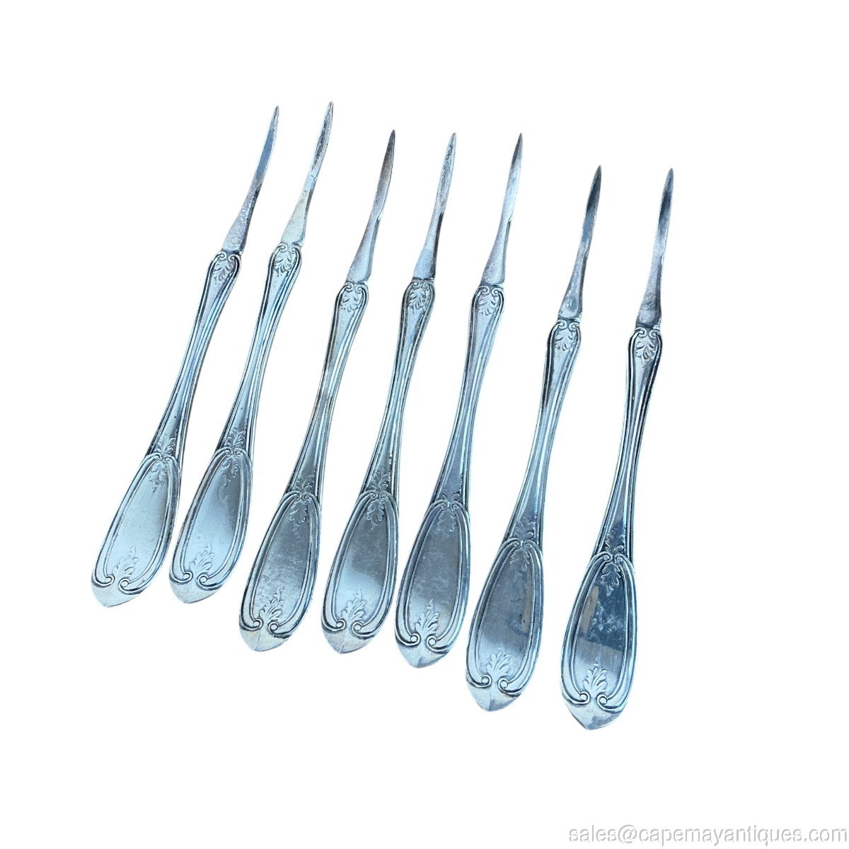 Vintage Silverplate Seafood Lobster Picks Set of 7 Ornate Floral Handles