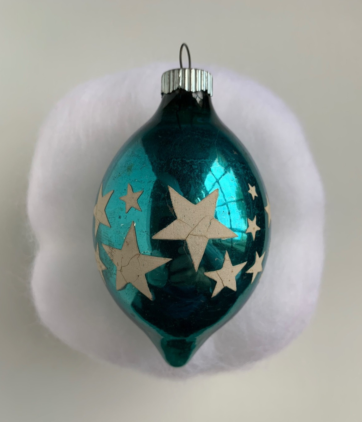 Vintage 1949 Shiny Brite Teardrop Xmas Ornament Blue with Stenciled Stars