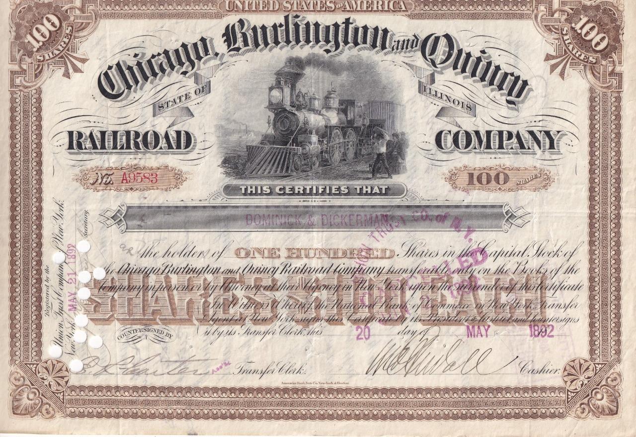 1892 Chicago, Burlington & Quincy Railroad capital stock certificate