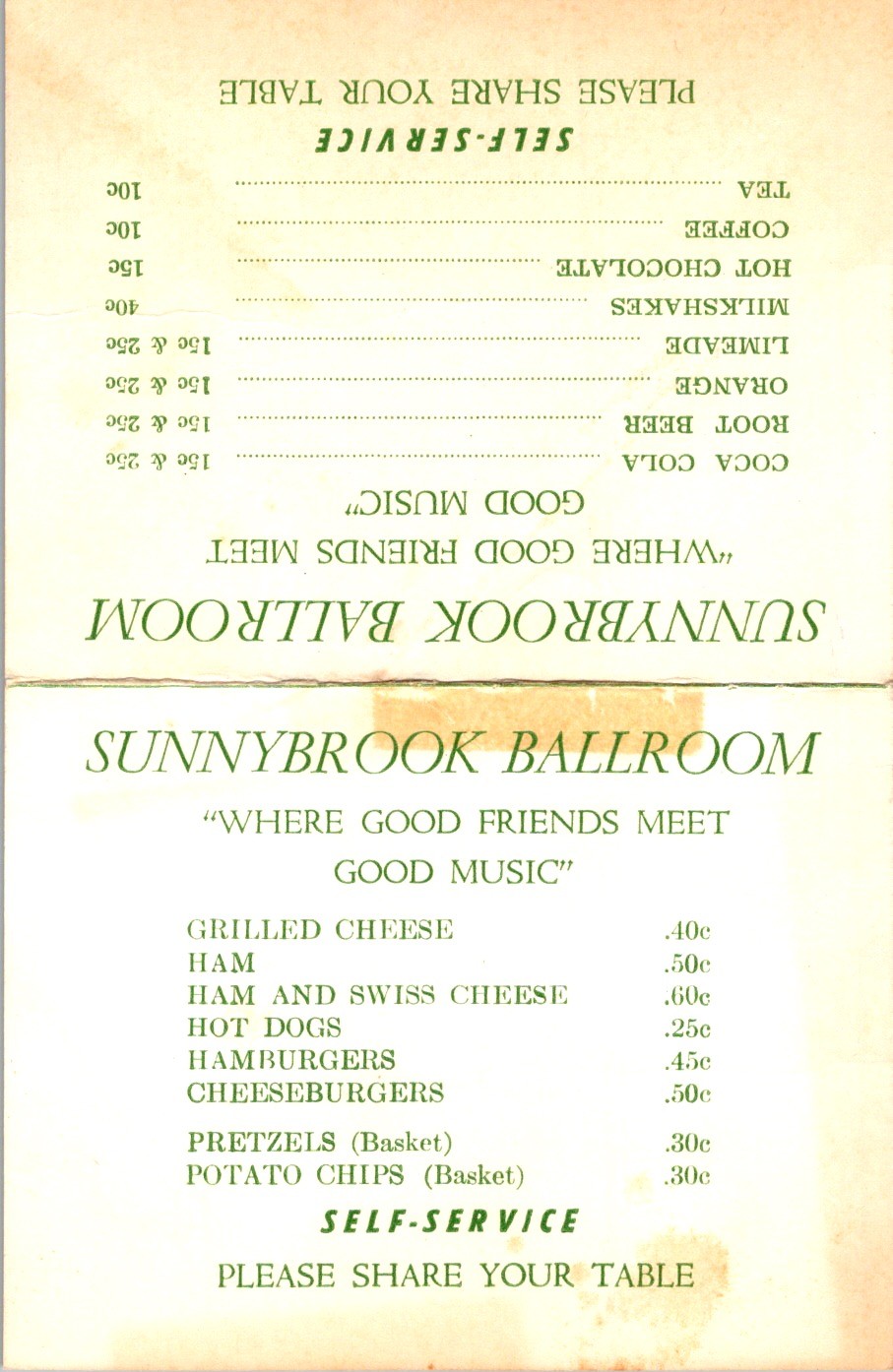 Sunnybrook Ballroom Menu Pottstown PA c1940s Big Band Dance Hall