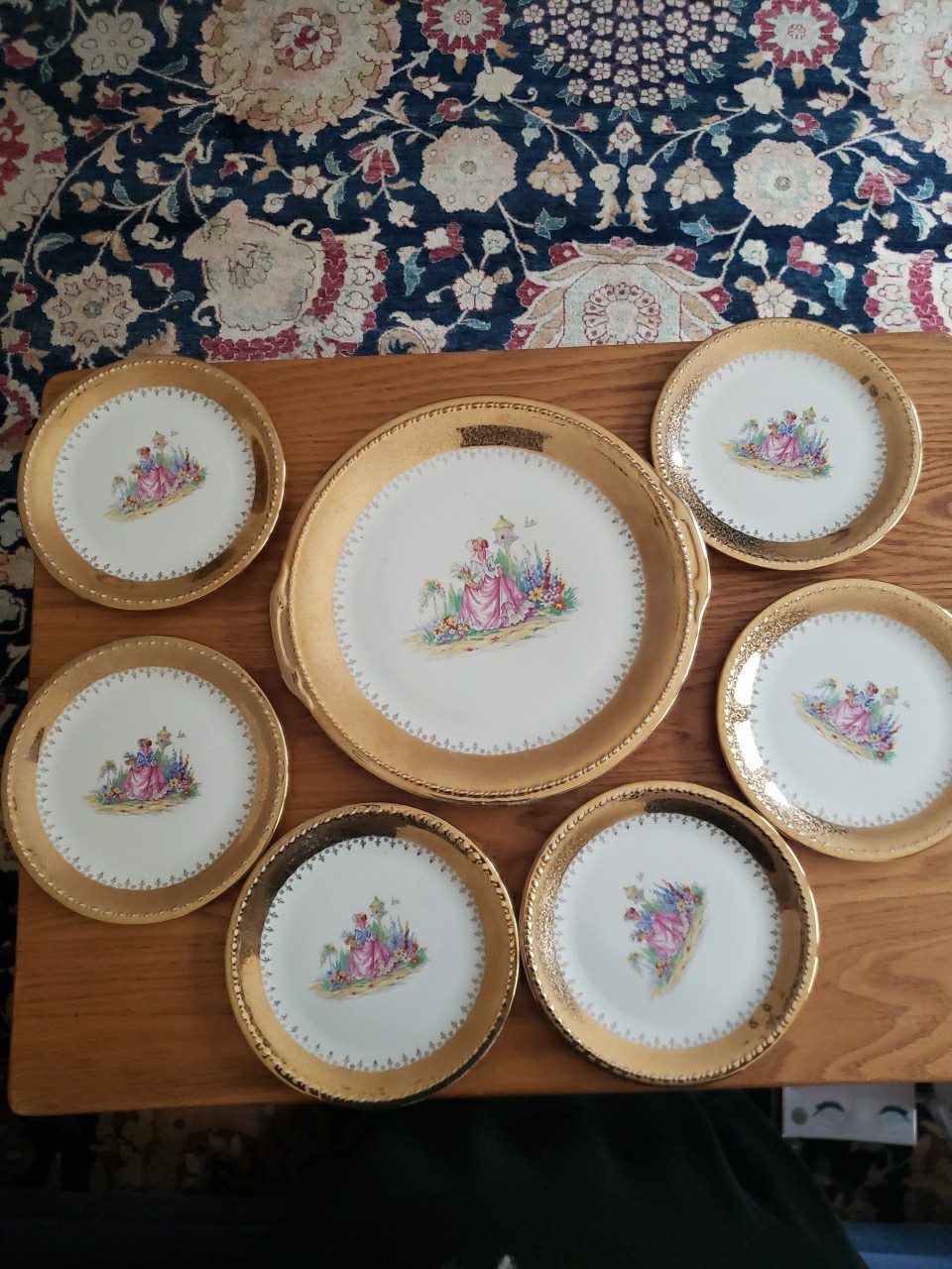 Vintage 6 Taylor Smith Taylor Plates & serving Plate22k Gold Trim Lady In Garden Vintage 6 Taylor Smith Taylor Plates & serving Plate22k Gold Trim Lady In Garden