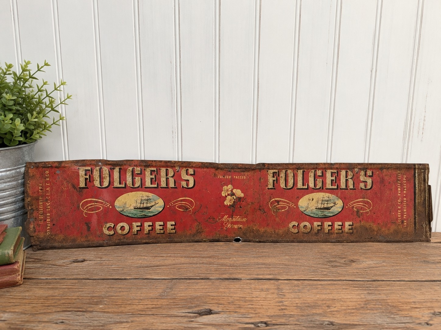 Vintage Folger\'s Coffee Tin Sign Panel Mountain Grown Ship Advertising Primitive