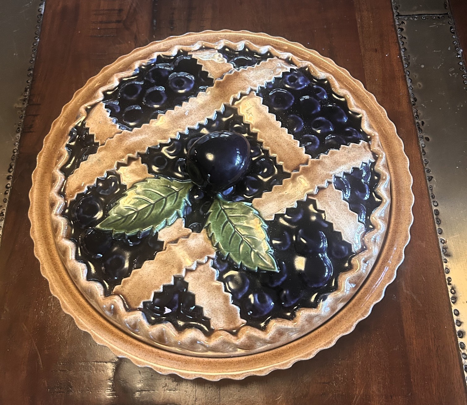 Vintage Sanor Portuguese Ceramic Blueberry Pie Keeper 