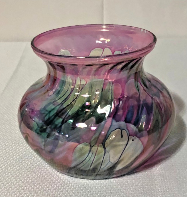 Vintage Rueven Art Glass Iridescent Multicolor Ink Drip Flare Top Flower Vase