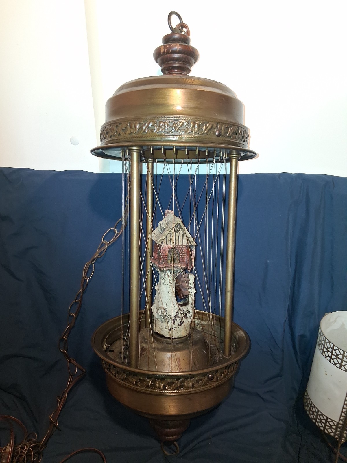 Vintage 1970s Gold Metal Rain Lamp with Water Mill House