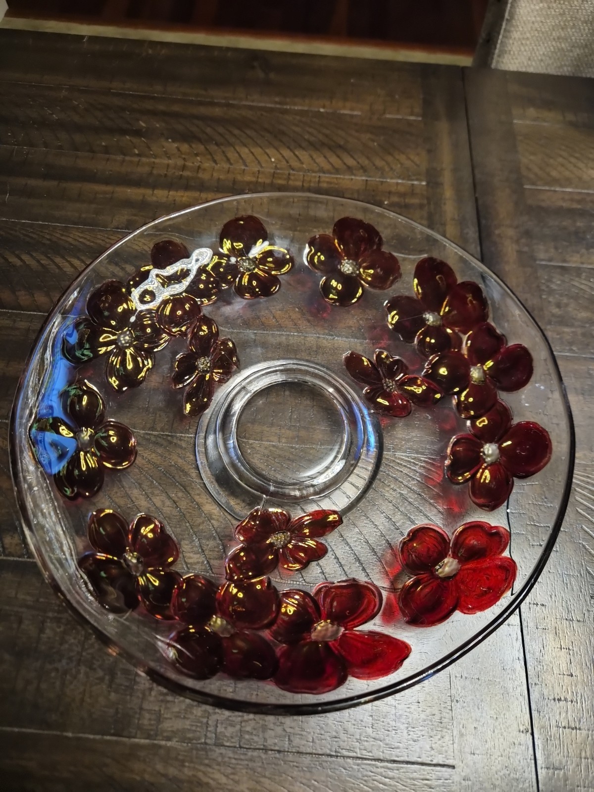 VTG Colony Glass Co. Dogwood Footed Center bowl Cranberry Flowers 13\