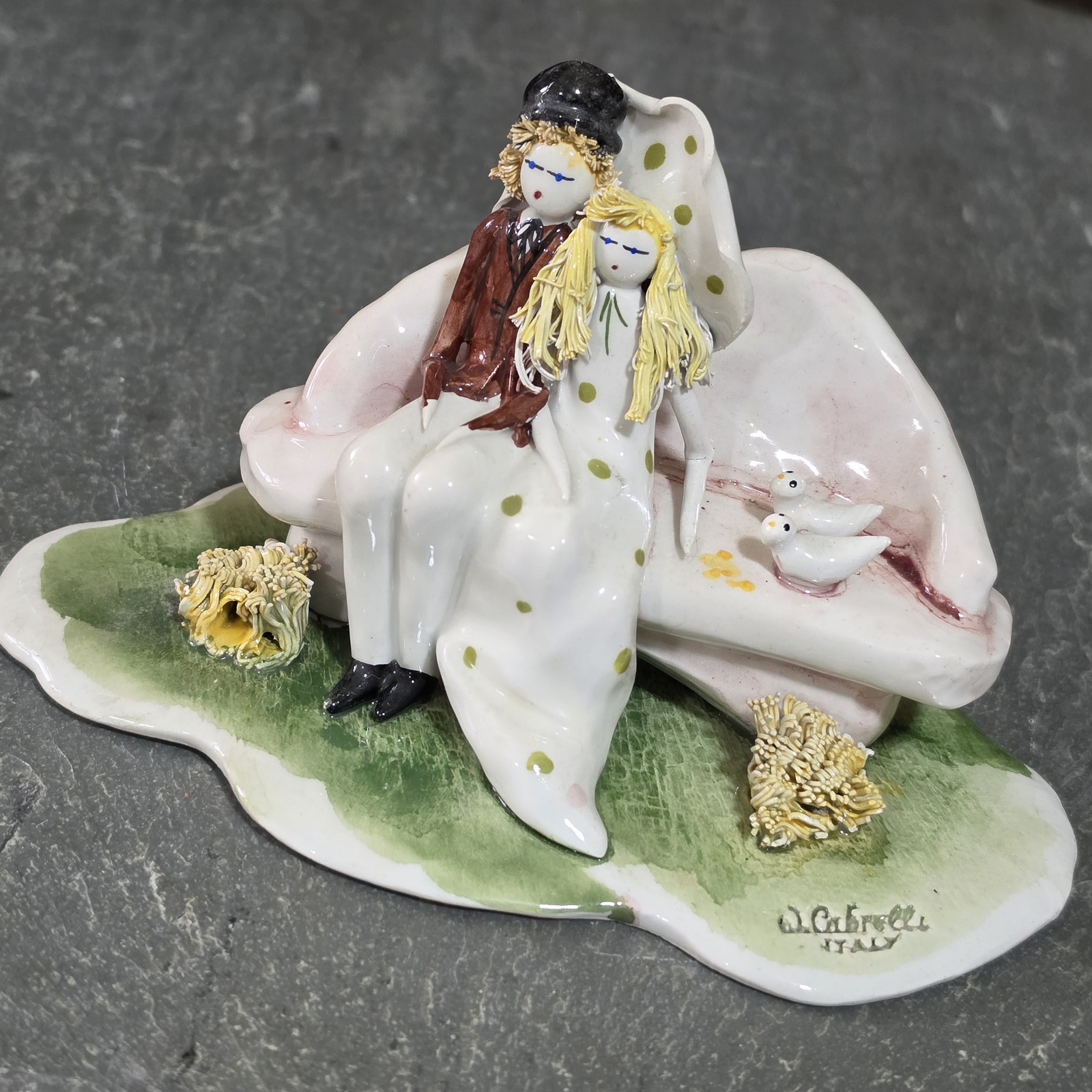 W. Cabrelli Vintage Italy Capodimonte Porcelain Handmade Figure Couple on Bench