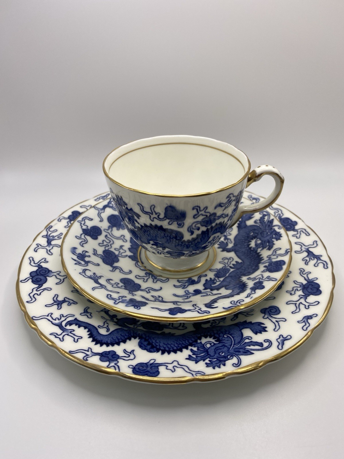 Vintage Delphine Bone China TRIO Blue Dragon Cup & Saucer + Dessert Plate ~RARE~ Vintage Delphine Bone China TRIO Blue Dragon Cup & Saucer + Dessert Plate ~RARE~