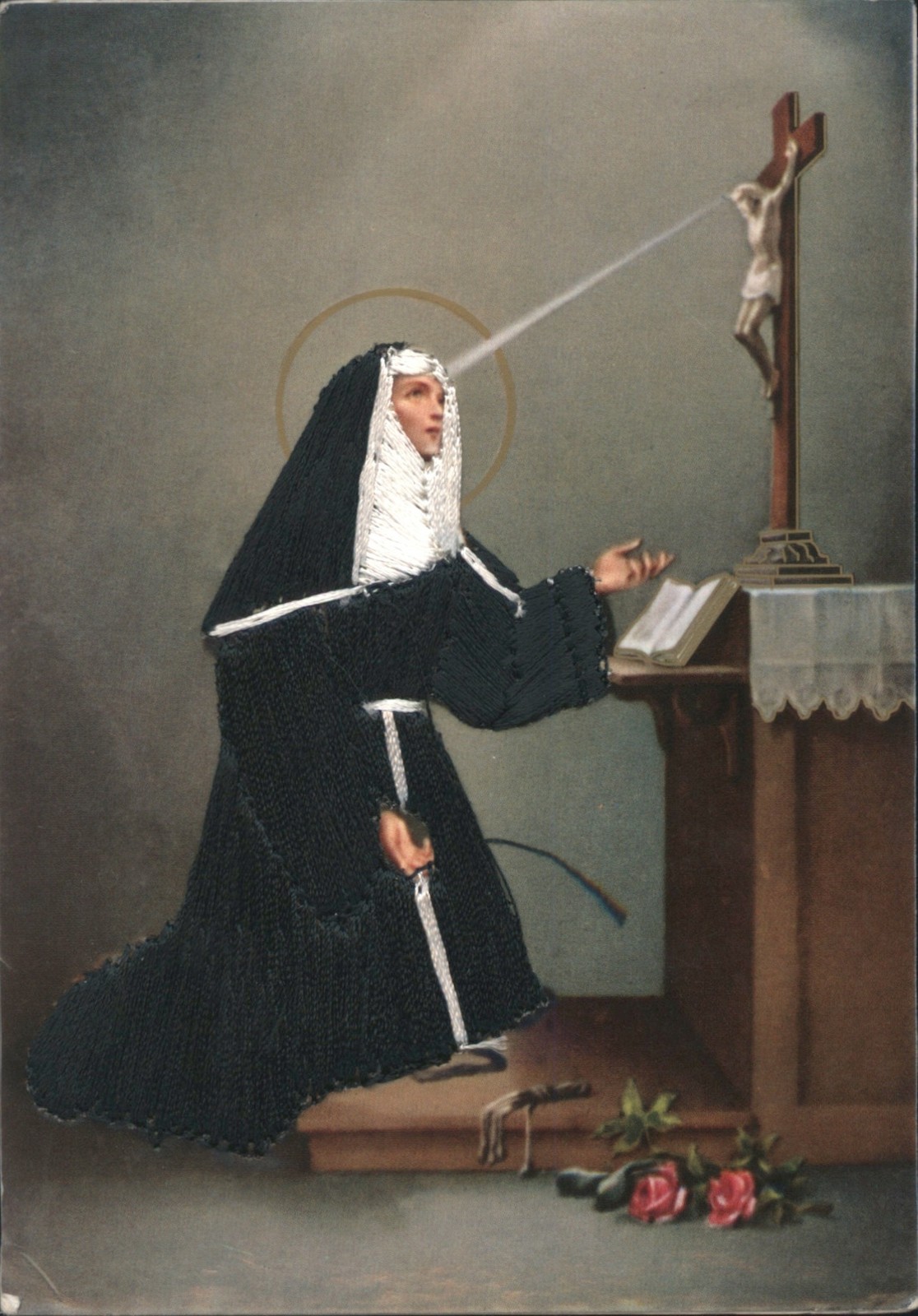 Embroidered Costume Nun Kneeling Prayer Before Crucifix with Halo Postcard