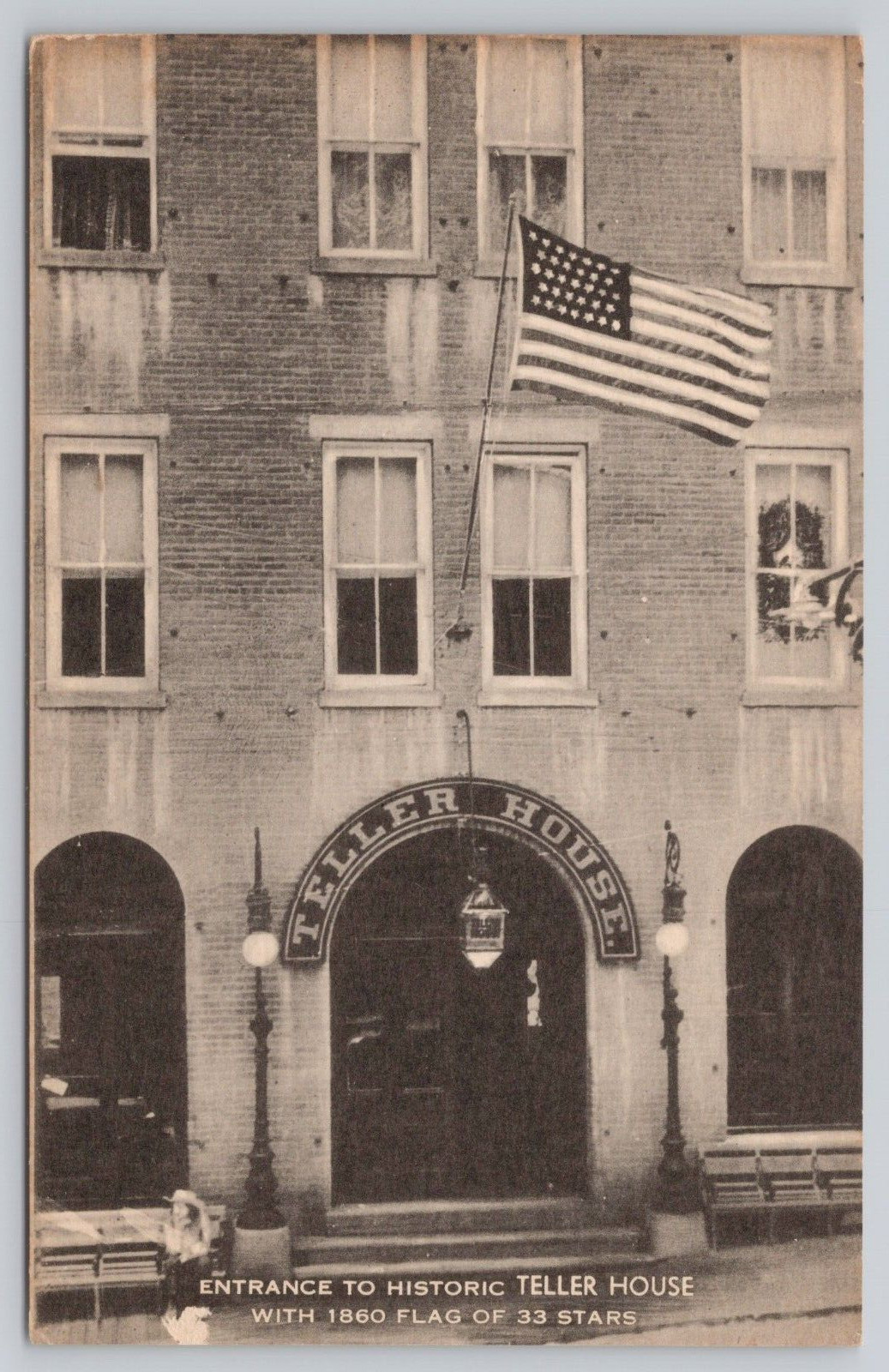 Vtg Post Card Entrance To Historic Teller House With 1860 Flag of 33 Stars H274