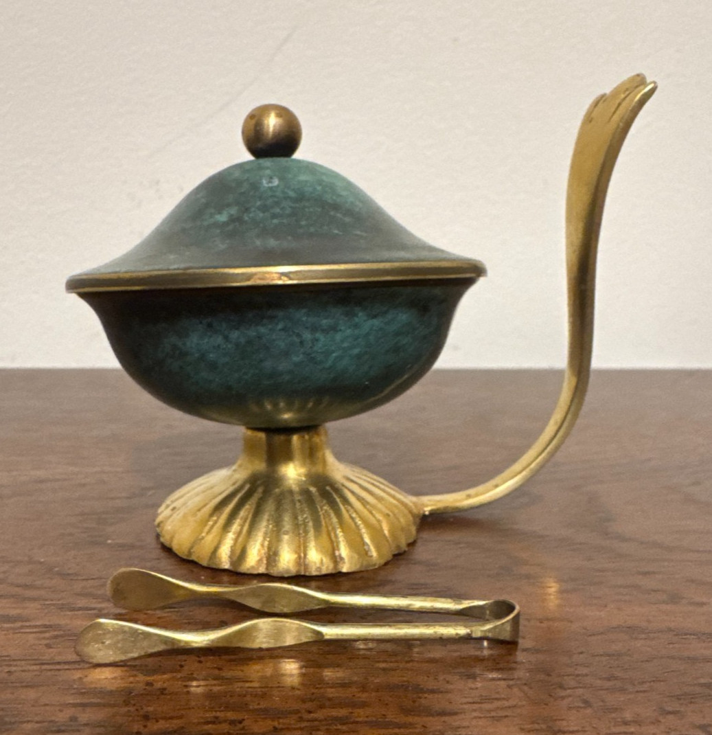 Vintage Oppenheim Israel Verdigris Brass Lidded Bowl Saccharin Service w/Tongs