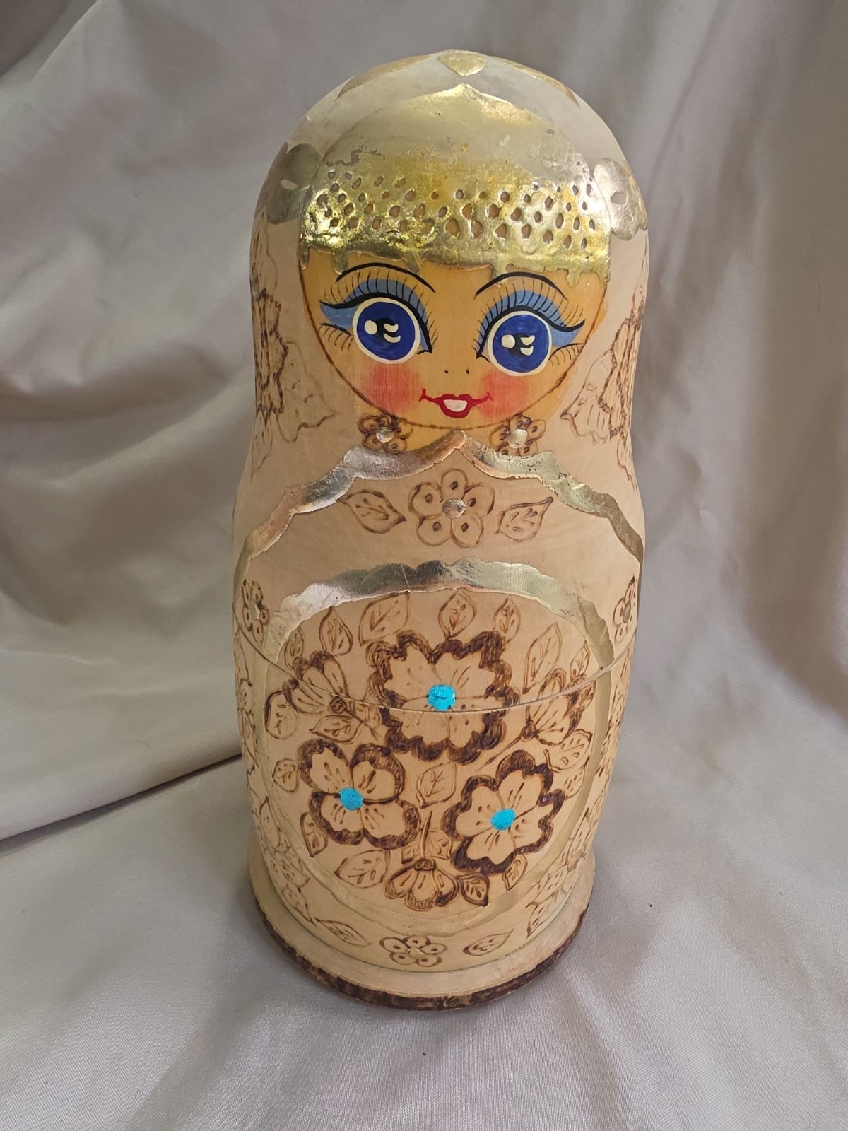 Vntg 1993 Russian Nesting Dolls 7pc Sergiev Posad Pyography Gold Enkova