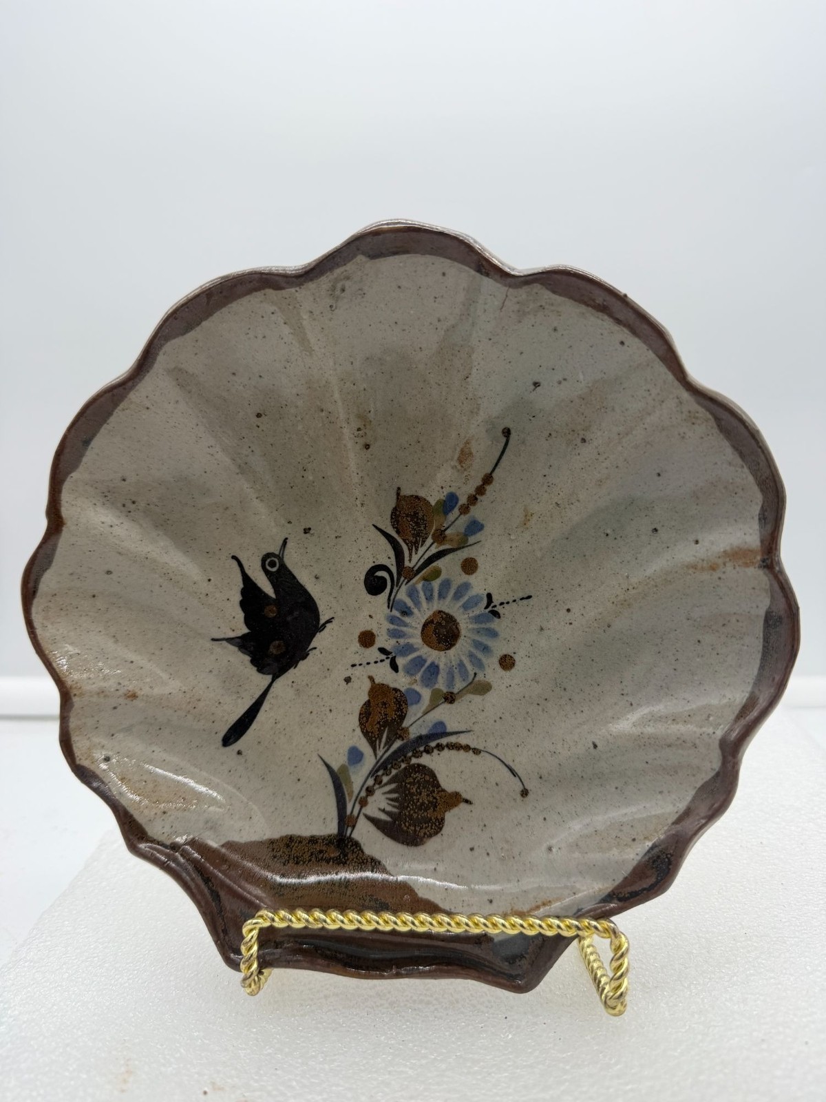 Jorge Wilmot Tonala Mexico Pottery Shell Shaped Dish Bird Floral Design-AS IS