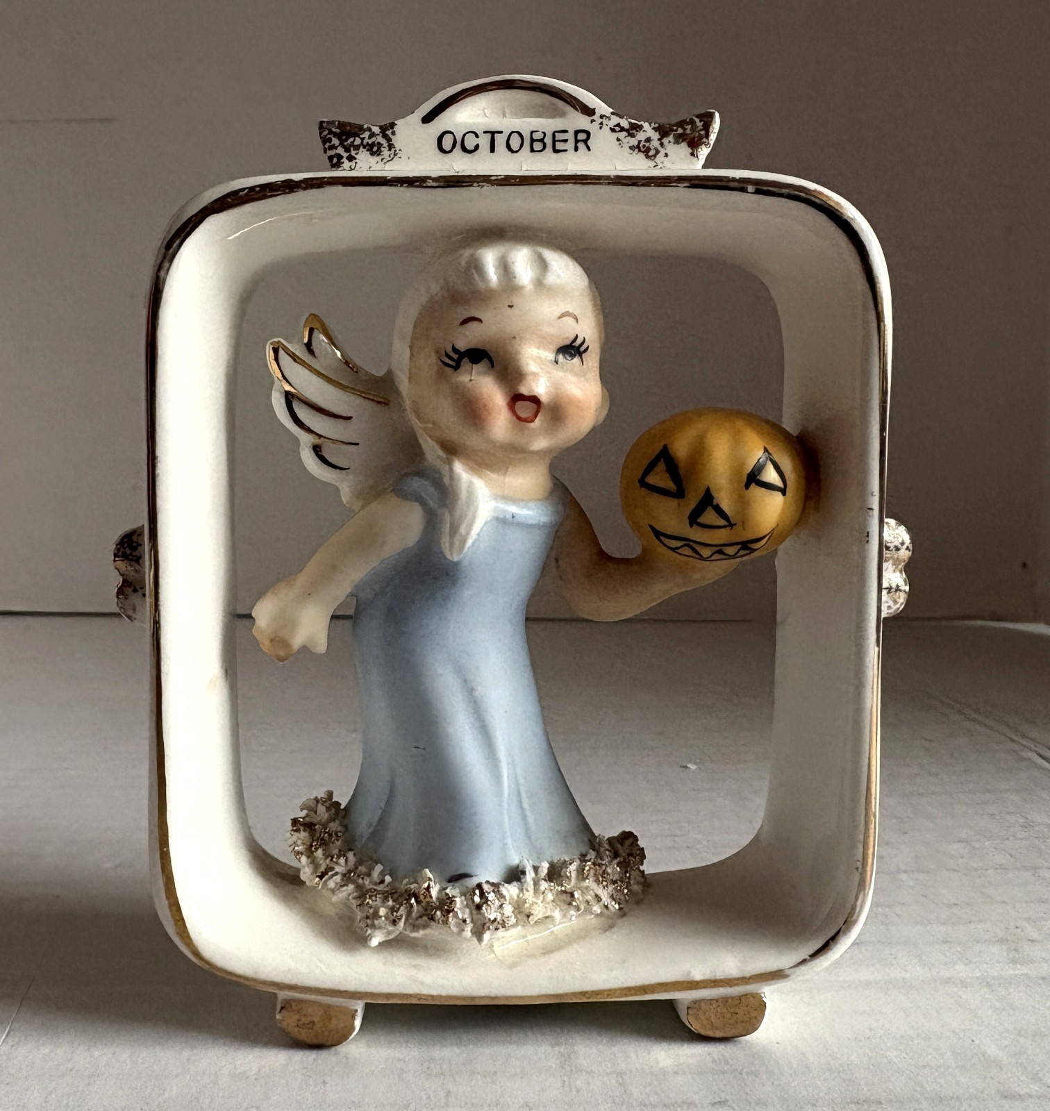 Lefton October Angel Framed Girl Figurine Spaghetti Pumpkin Halloween AR6883