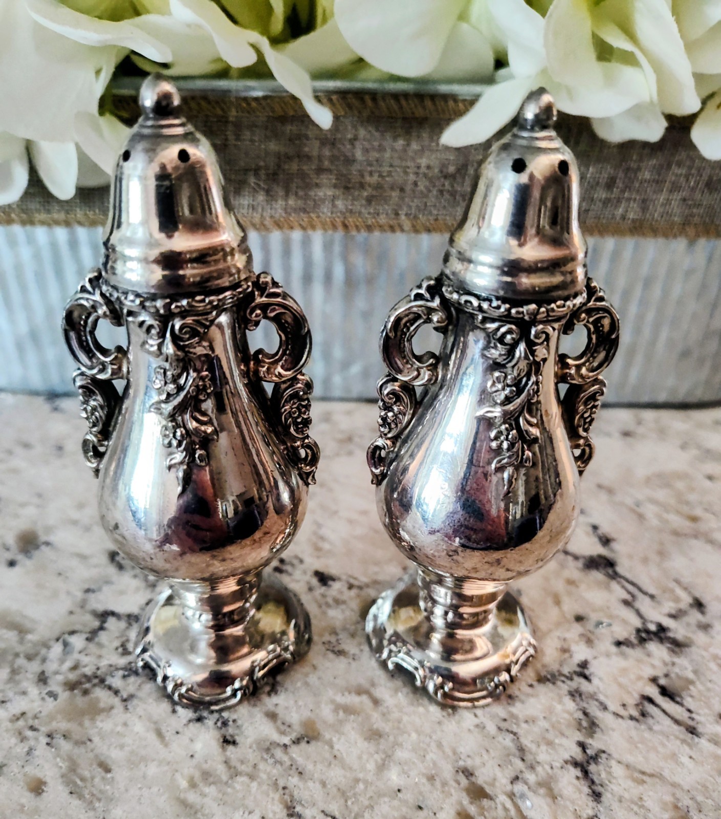Vintage Baroque By Wallace Silverplate Salt & Pepper Shakers Ornate Heavy Pair