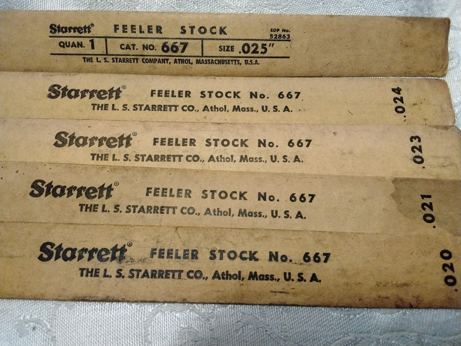 Vintage Starrett No. 667 Feeler Stock Gauge Set (5 Pcs) .020 .021 .023 .024 .025