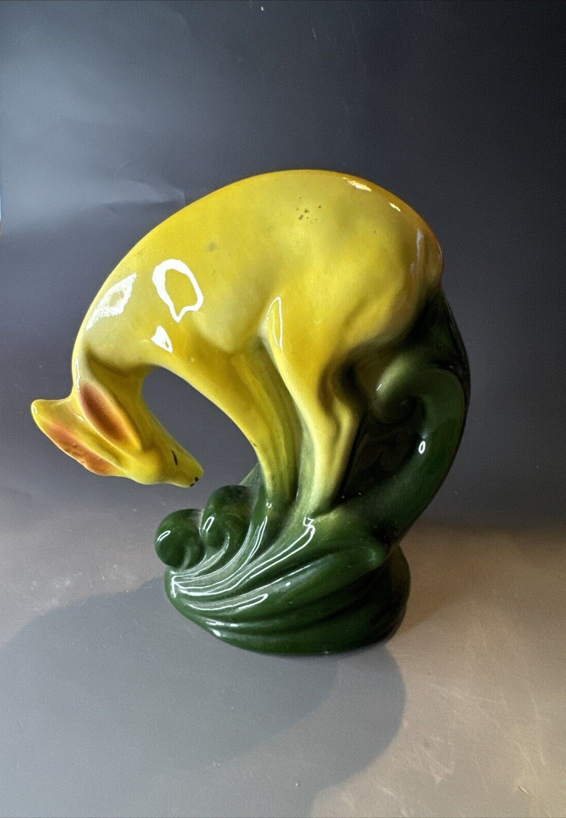 MCM Gazelle/Deer Glazed Pottery Planter/Vase Yellow & Green 6\