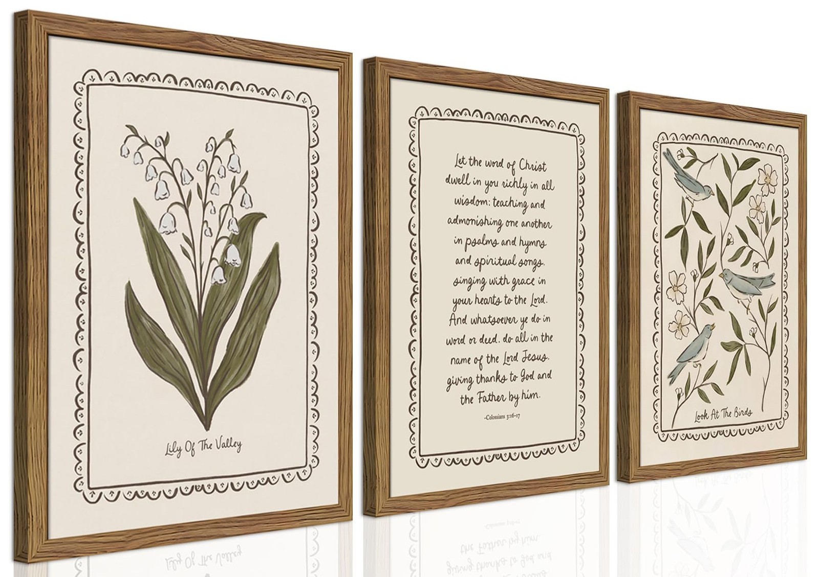 Framed Vintage Botanical Wall Art Set of 3, Lily of the Valley and Bird Natur...