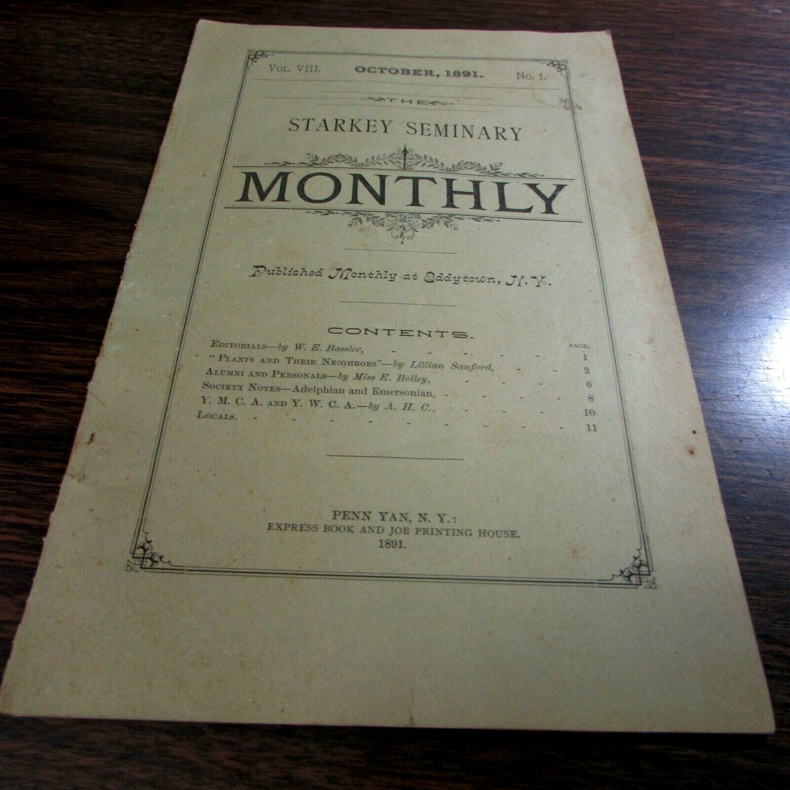 OCTOBER 1891 - STARKEY SEMINARY MONTHLY - EDDYTOWN NEW YORK - VERY GOOD