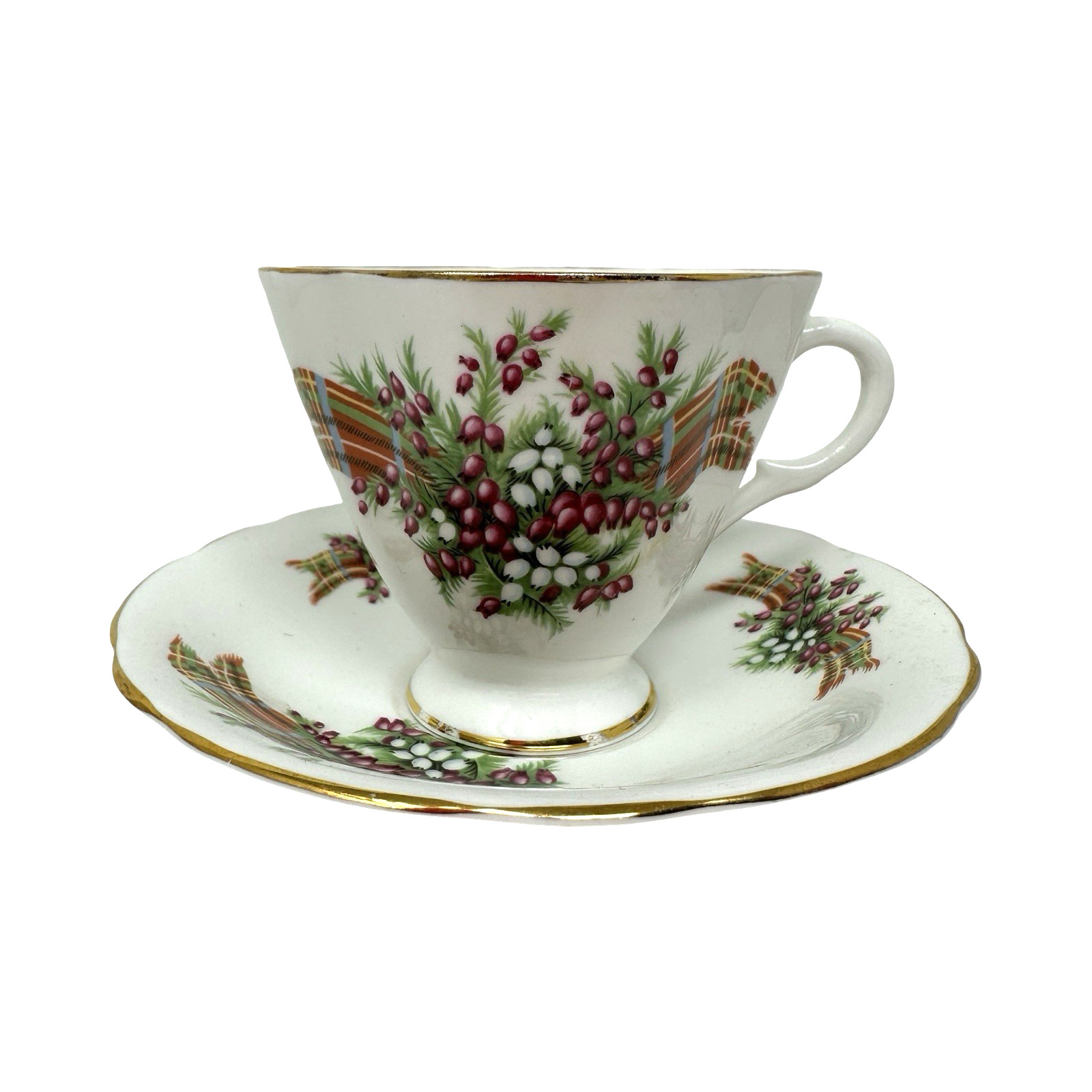 Vintage 1960s Windsor Bone China England Teacup & Saucer Floral Plaid Gold 6 oz