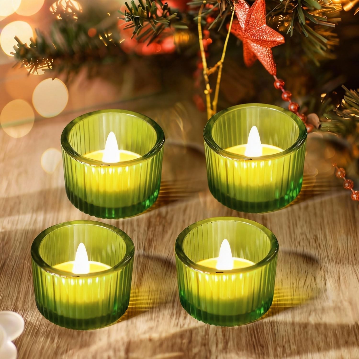 JOYIT Green Votive Candle Holders Bulk Set of 4, Tealight Candle Holder for W...