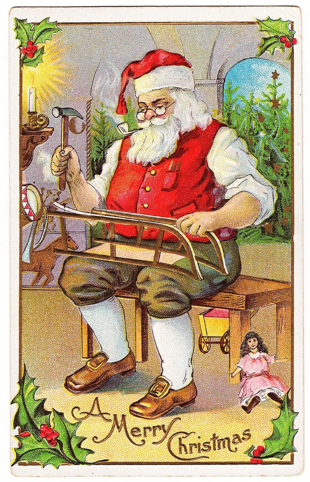 Santa Claus Making Sled / Sleigh mailed 1918 antique Christmas postcard
