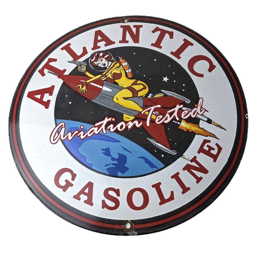 Vintage Atlantic Gasoline Sign - Sci-Fi Rocket Gas Service Porcelain Sign