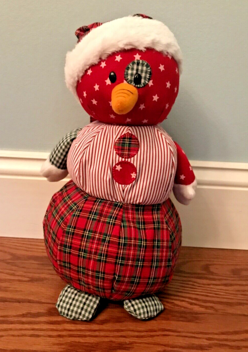 Ganz Snowman Plaid Patchwork Fabric Country Snowman Santa Hat Christmas 13\
