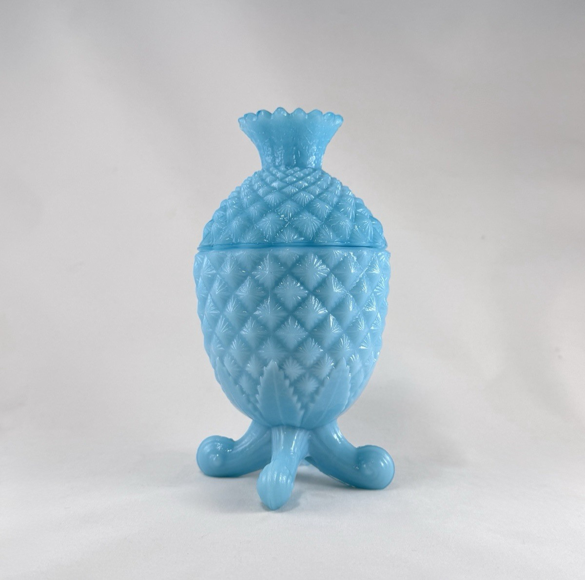 Vintage Blue Opaline Milk Glass Pineapple Covered Candy Dish Footed 7