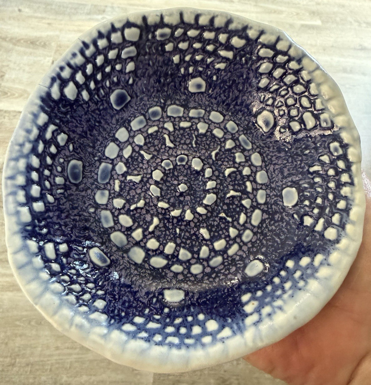 Signed Studio Art Pottery Trinket Dish C Rich Blue Lace Textured Catchall