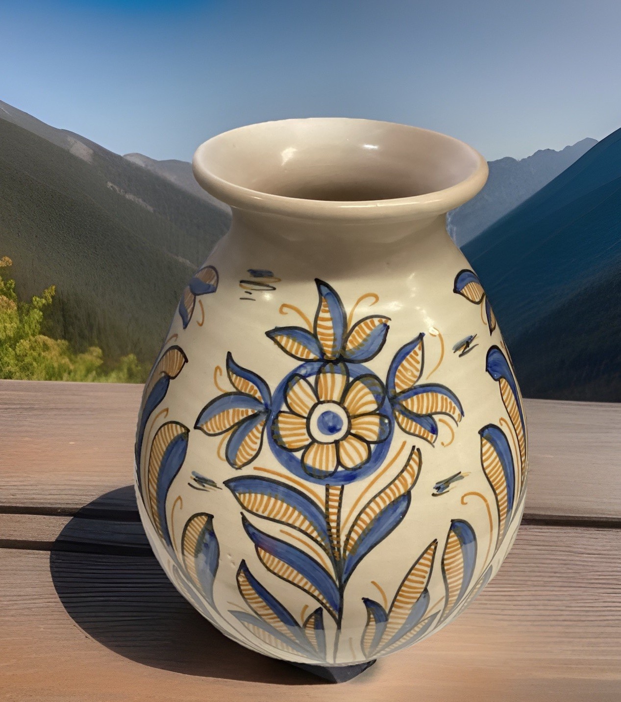 Rare VTG Hand Painted Spanish Talavera De La Menora Jug/vase Floral