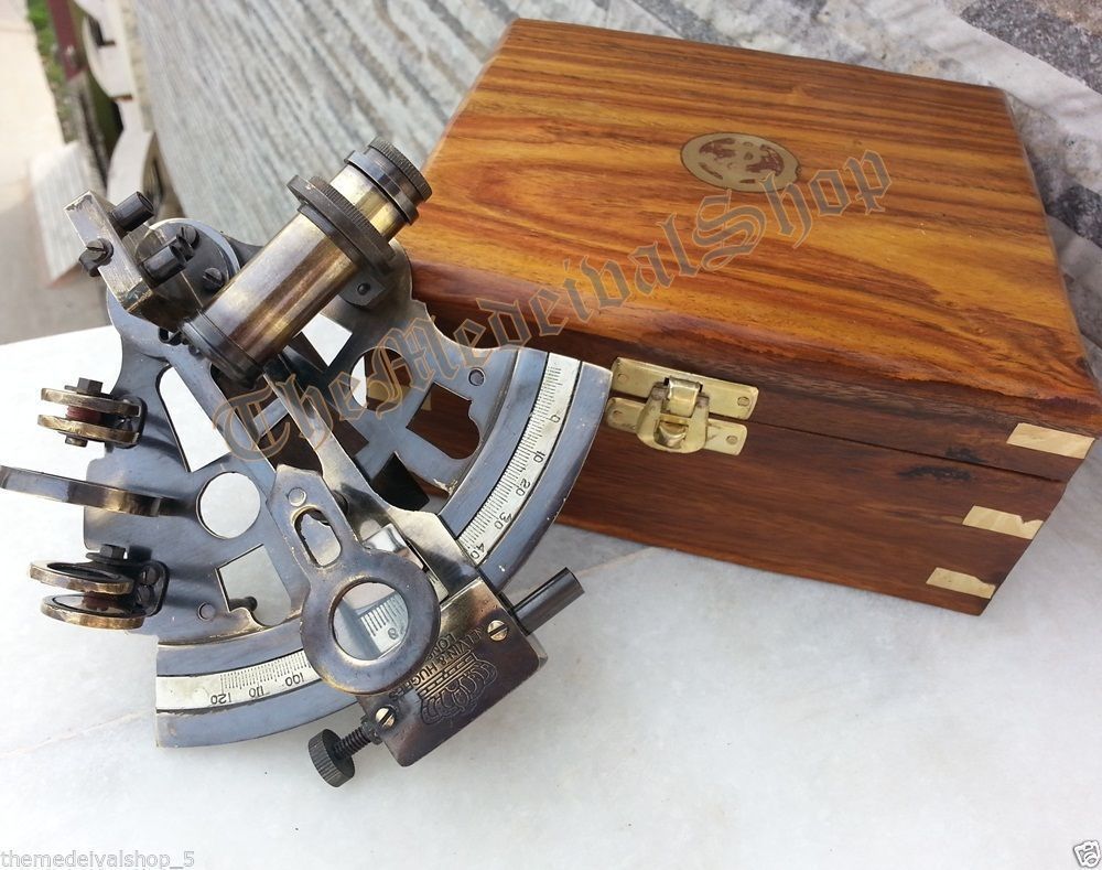 VINATGE MARINE SEXTANT & NAUTICAL WOODEN BOX BRASS COLLECTIBLE GERMAN ASTROLABE 
