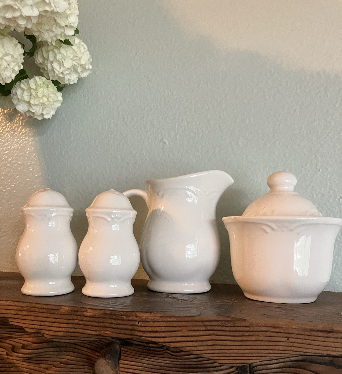 Pfaltzgraff Filigree Creamer Sugar Bowl Salt & Pepper Shaker Set Creamy White