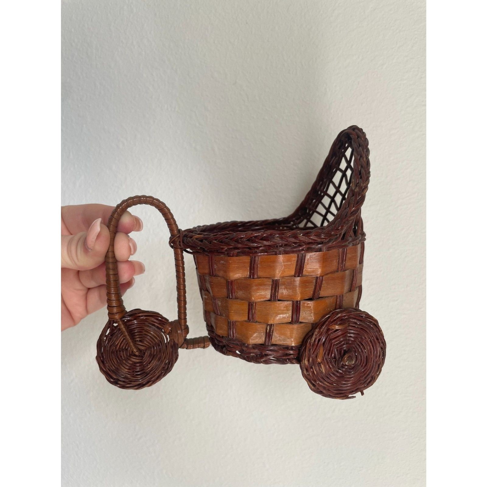 Vintage MCM Mini Wicker Baby Carriage Tricycle Basket Rattan Planter Decor