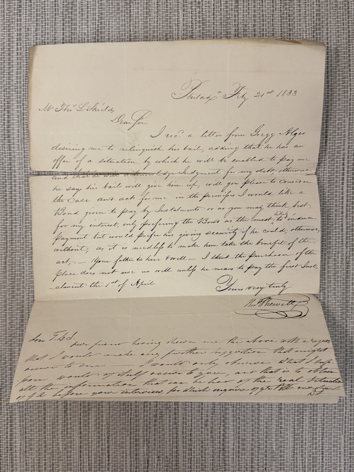 1833 Legal Letter: Atty Thomas Leet Shields, Debt & Bond Case, Philadelphia
